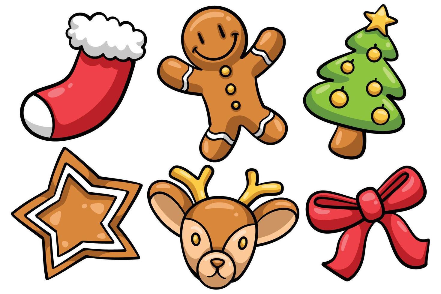 Set of Hand drawn christmas element. collection of stocking, gingerbread, tree, star biscuit, deer, red ribbon Isolated vector