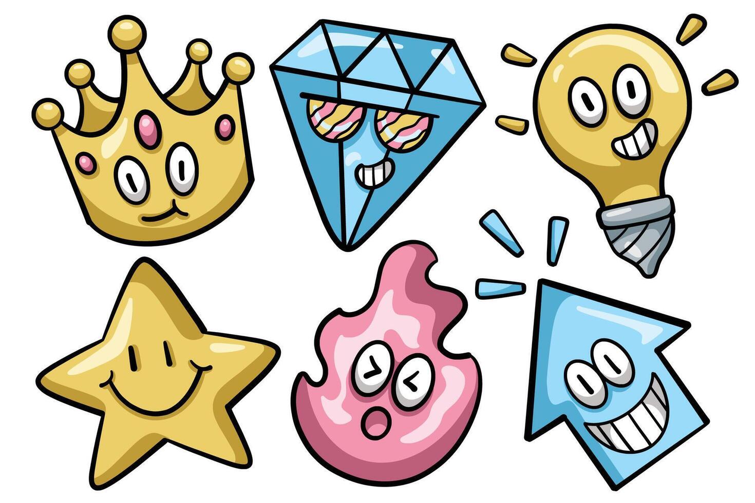 Set of Hand drawn trendy cartoon element. collection of Crown, diamond, light, star, fire, arrow Isolated vector