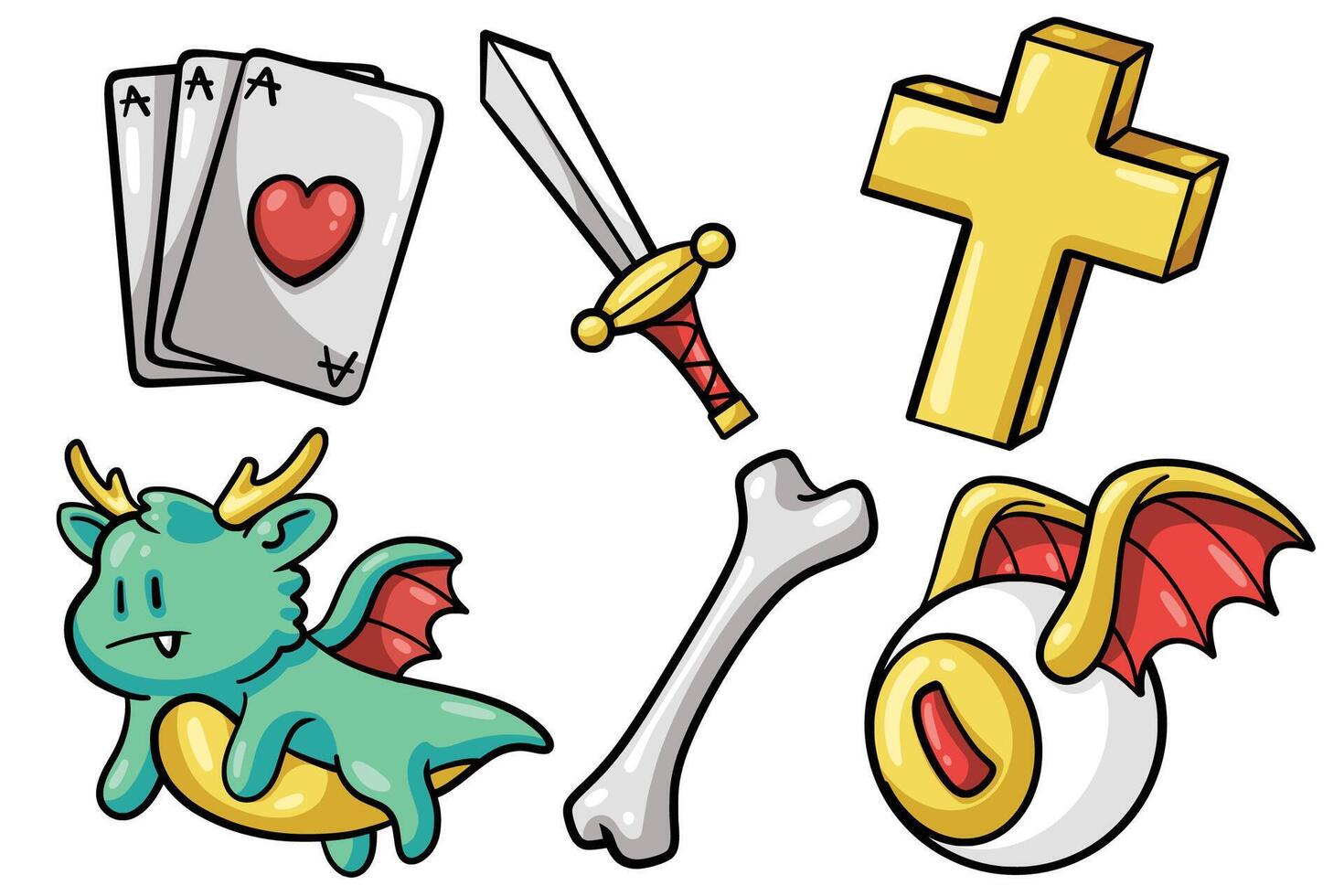 Set of Hand drawn trendy cartoon element. collection of card, sword, Christian Cross, dragon, bone, demon eyes Isolated vector