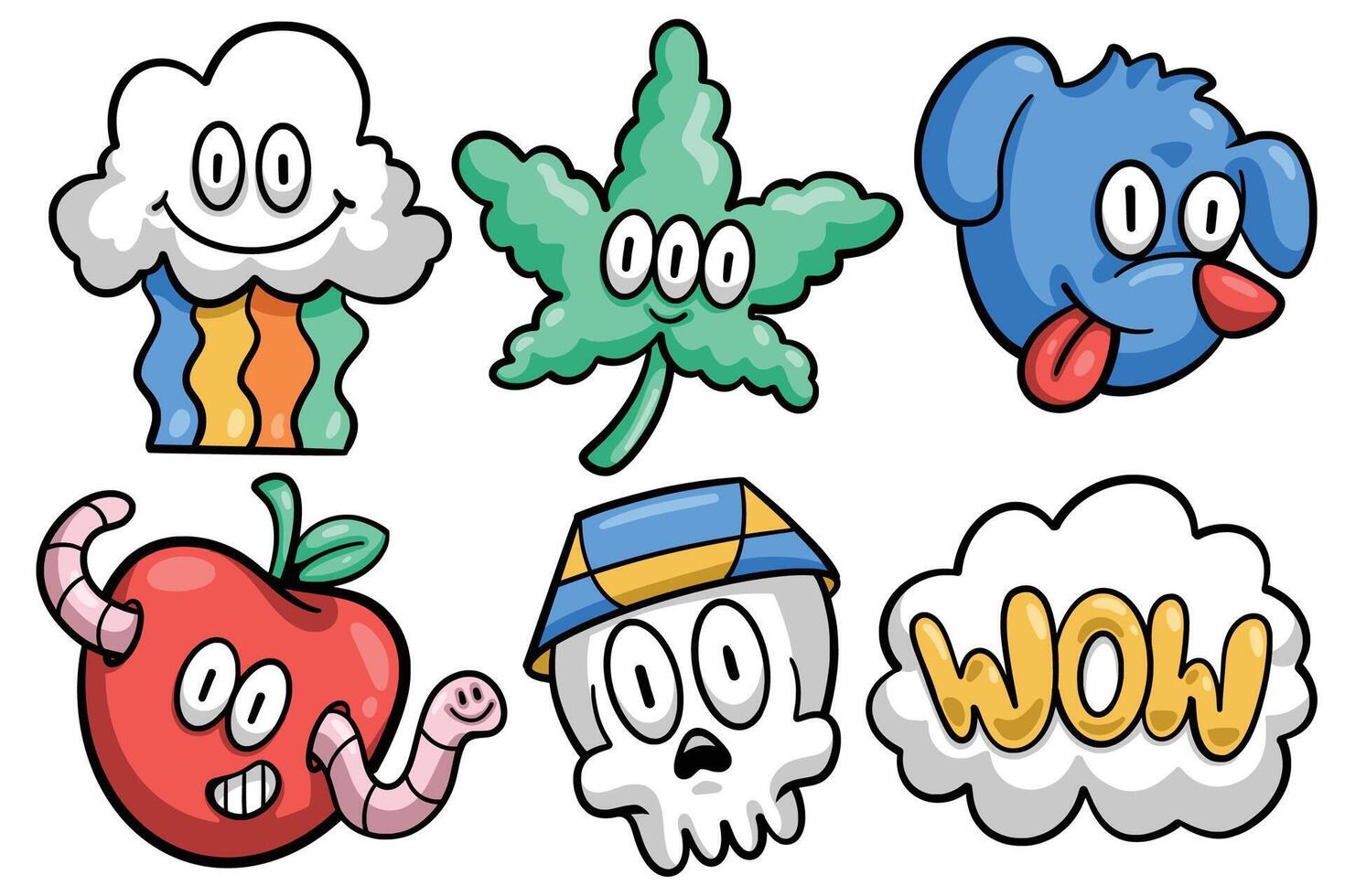 Set of Hand drawn trendy cartoon element. collection of rainbow cloud, marijuana, dog, apple, worm, skull, wow Isolated vector