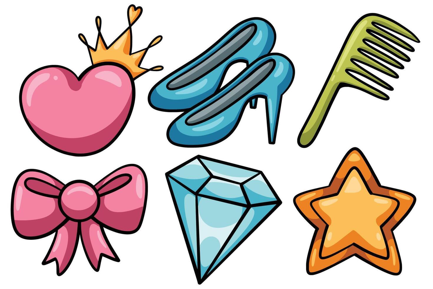 Set of Hand drawn princess element. collection of heart, high heel, comb, bow, diamond, star Isolated vector