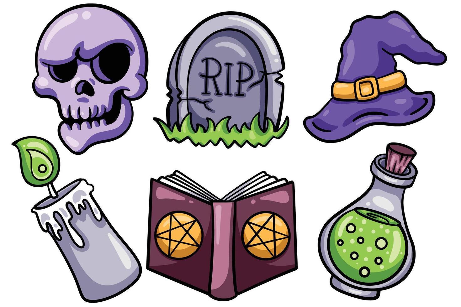 Set of Hand drawn halloween element. collection of skull, gravestone, witch hat, candle, book, poison Isolated vector
