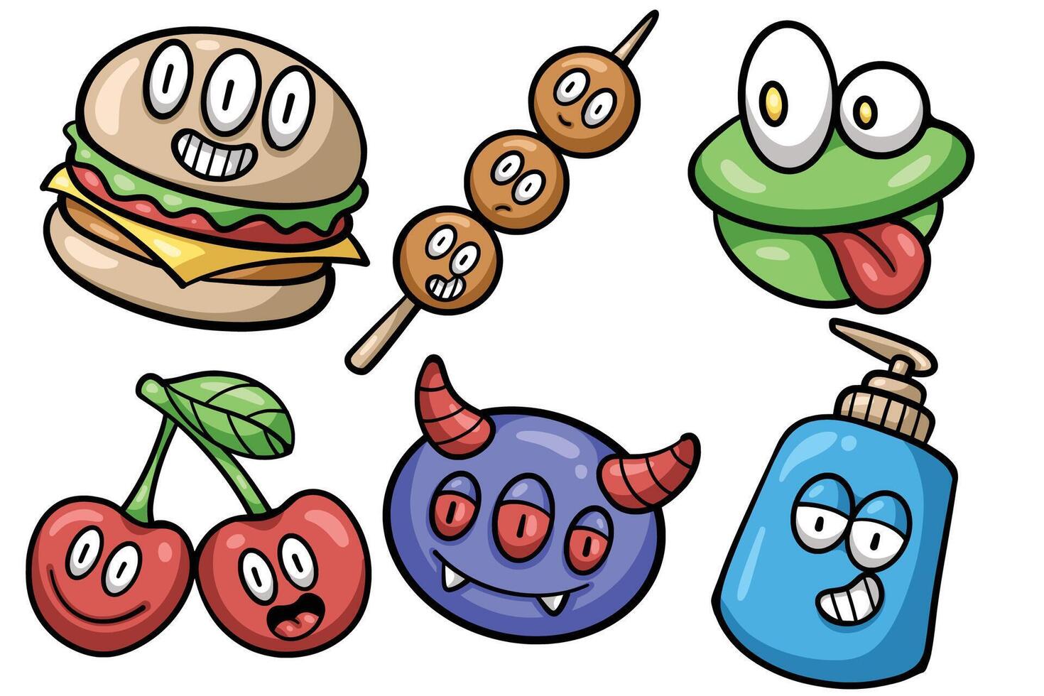 Set of Hand drawn trendy cartoon element. collection of burger, frog, cherry, demon, hand sanitizer Isolated vector