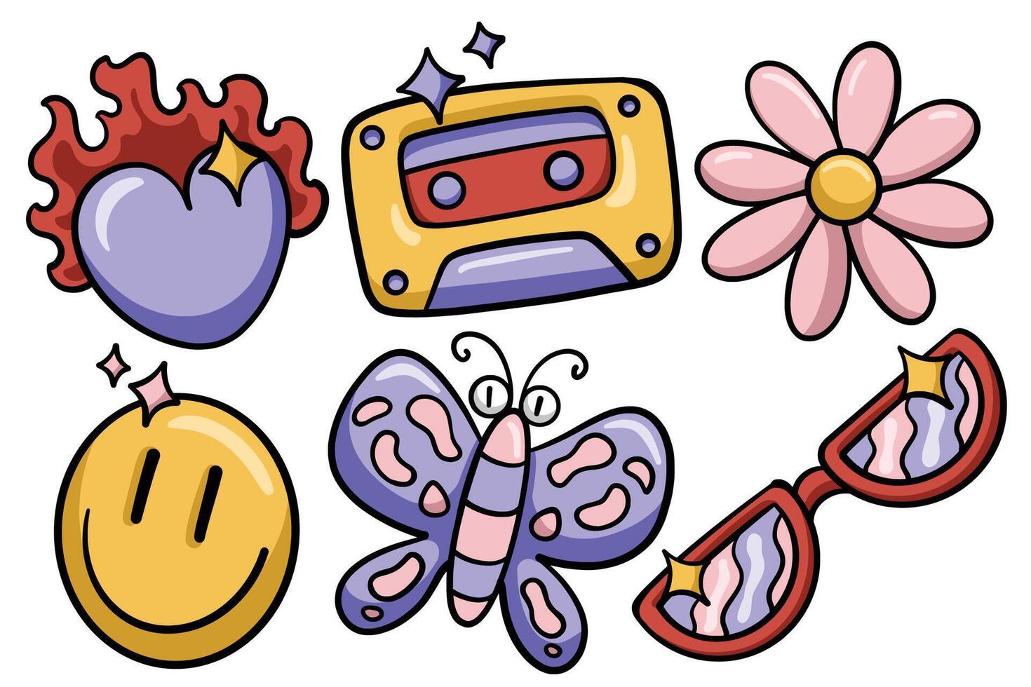 Set of Hand drawn cartoon y2k element. collection of burning love, cassette tape, flower, smile face, butterfly, glasses Isolated vector
