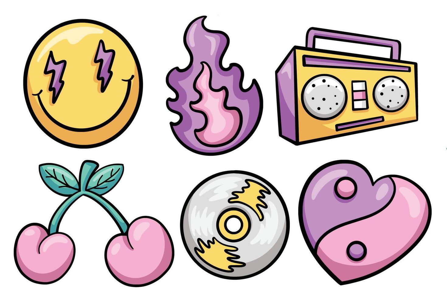 Set of Hand drawn cartoon y2k element. collection of smile face, fire, radio, cherry, cd, yin yang love Isolated vector