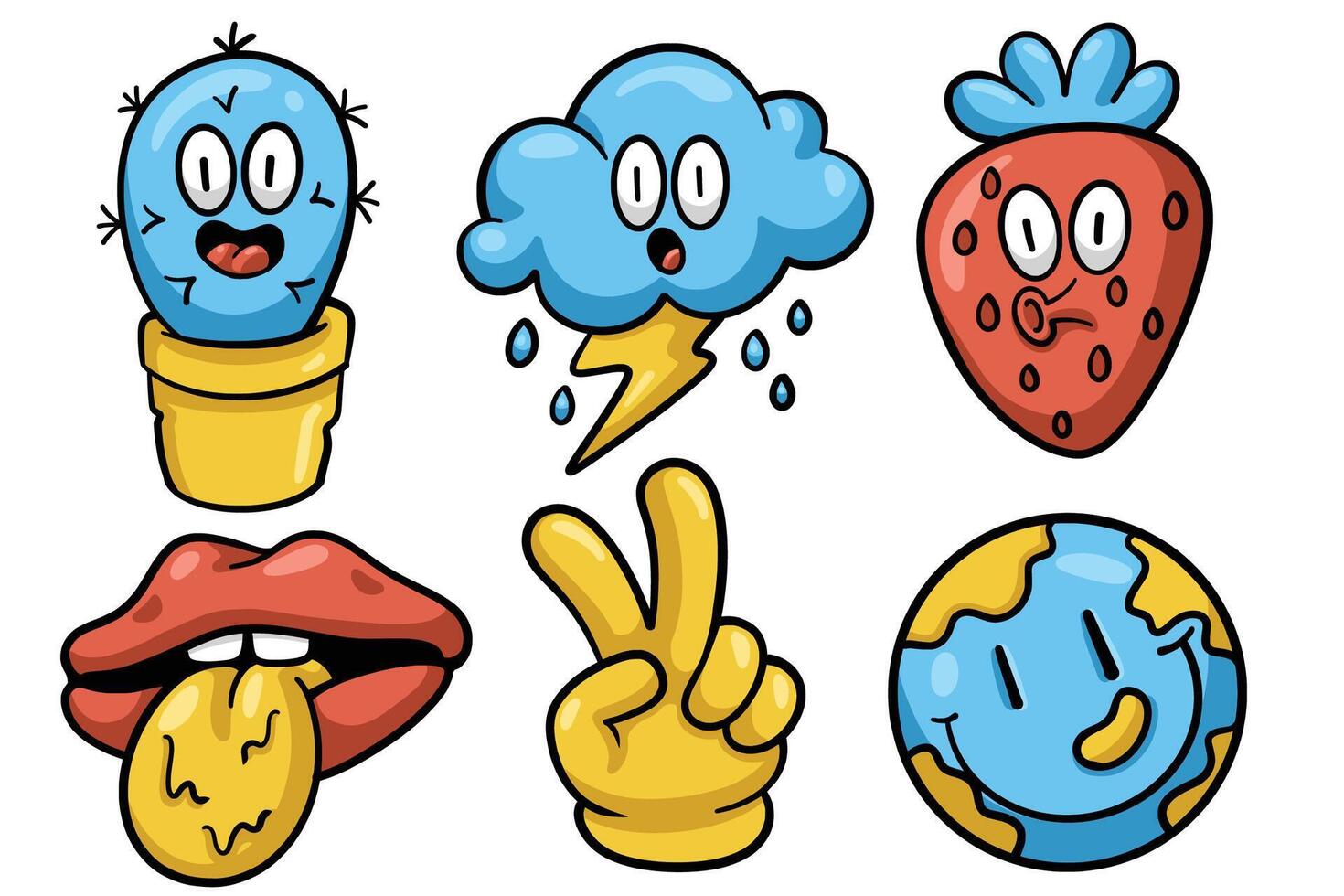 Set of Hand drawn trendy cartoon element. collection of cactus, thundercloud, strawberry, lips tongue, peace hand, earth Isolated vector