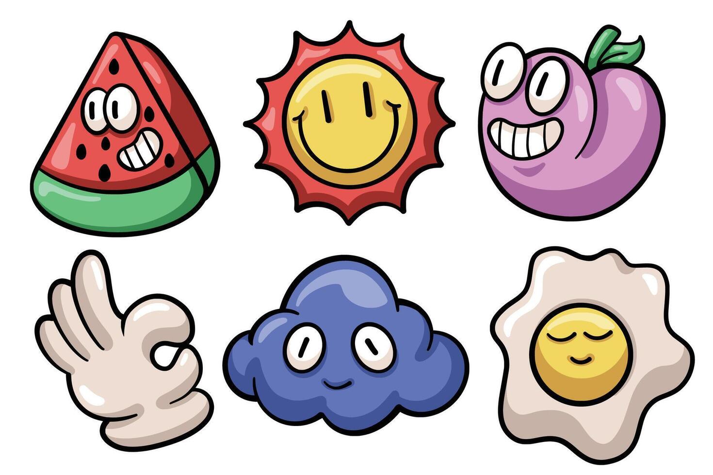 Set of Hand drawn trendy cartoon element. collection of watermelon, sun, peach, ok hand, cloud, egg Isolated vector