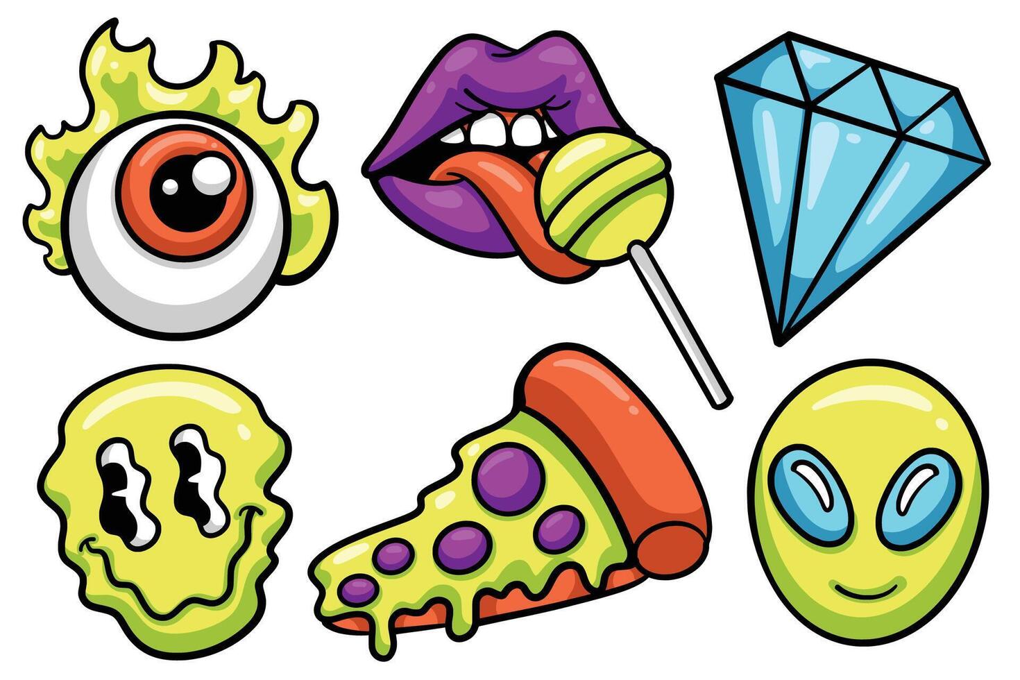 Set of Hand drawn acid rave element. collection of fire eye, lollipop lips, diamond, smiley face, pizza, alien Isolated vector