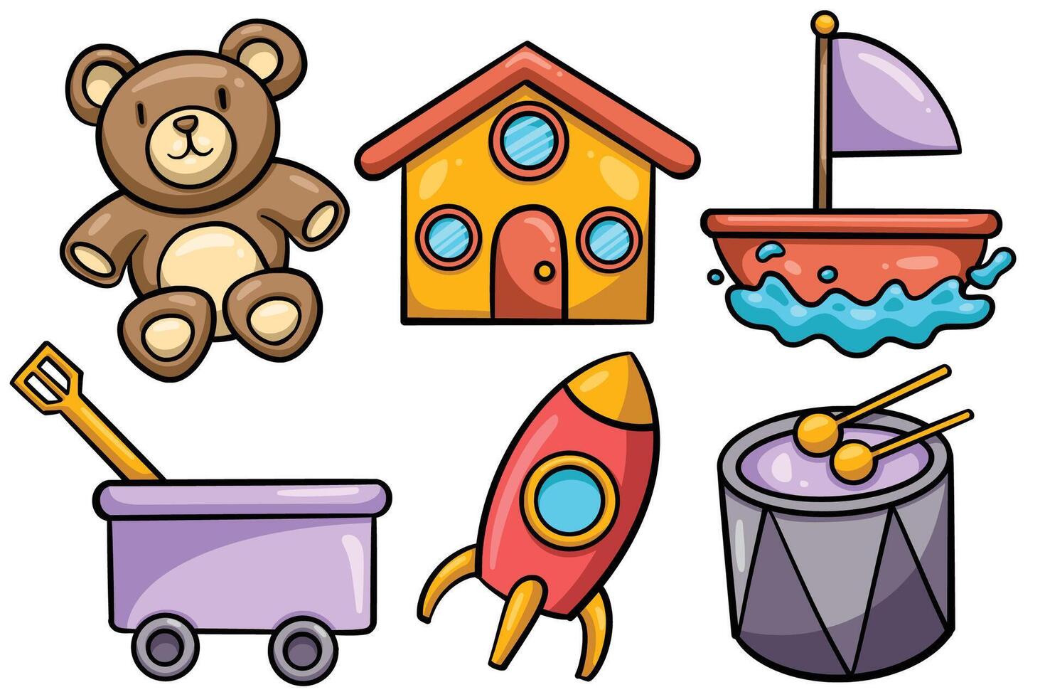 Set of Hand drawn kids toys element. collection of teddy bear, house, boat, sand car, rocket, drum Isolated vector