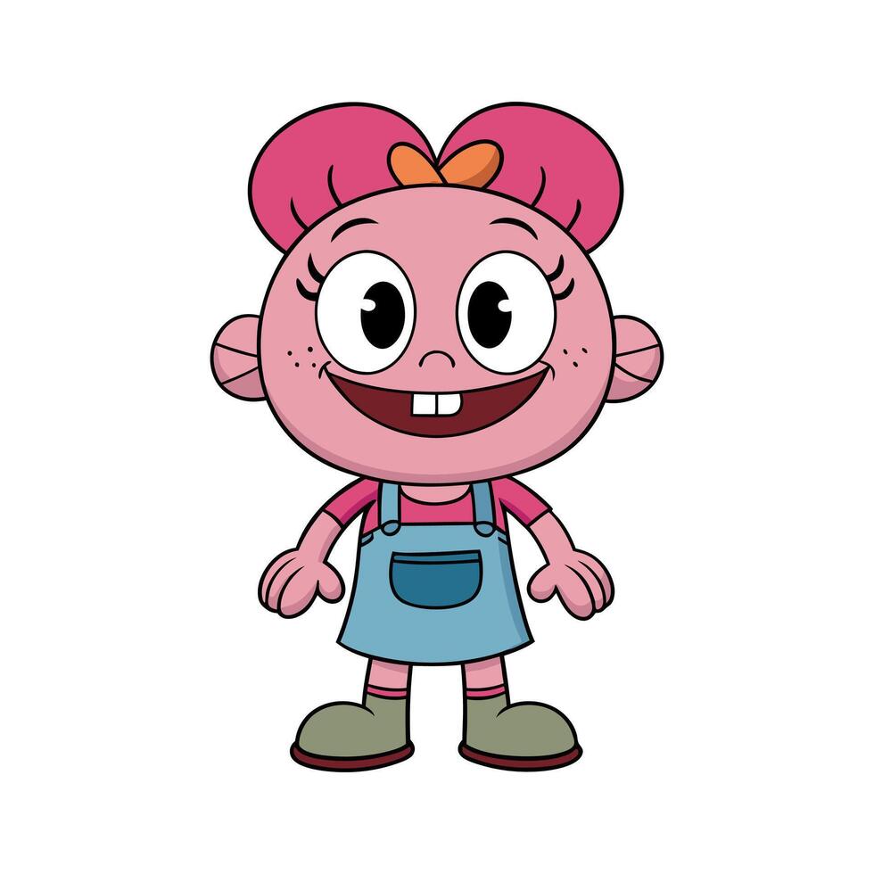 A cartoon character with pink skin, large eyes, red hair adorned with a bow, and a toothy grin, dressed in blue overalls and shoes, set against a white background. vector