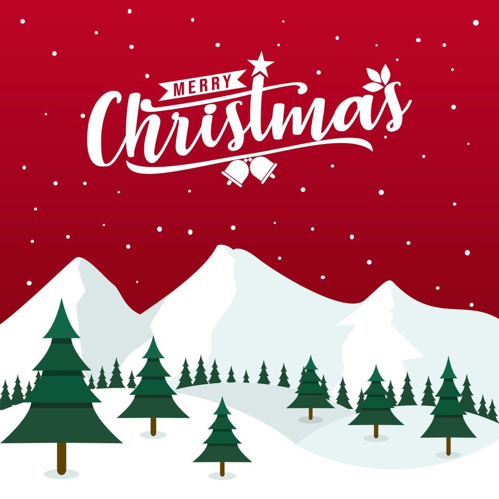 christmas greeting with trees and snow on a red background vector