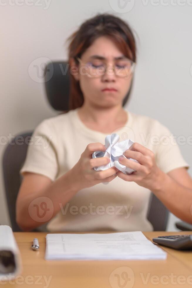 stressed Asian Woman with mistake paper, Tired female businesswoman working overload at office, Exhausted casual woman with documents folder stack at late night in home. Failure, Problem and business photo