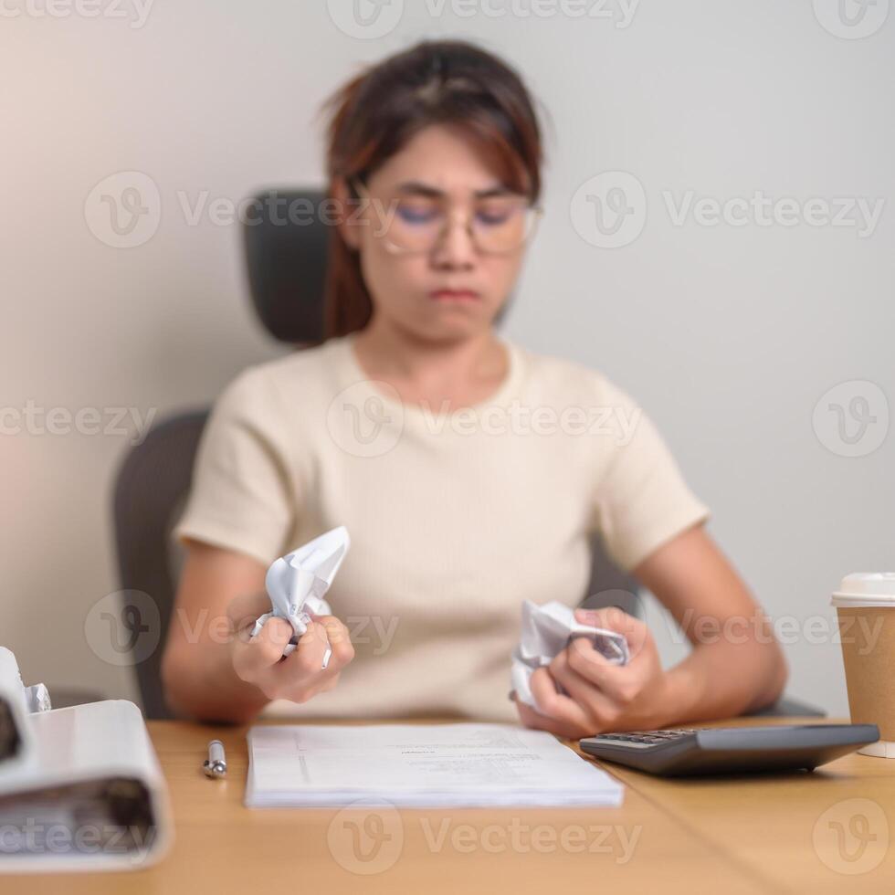 stressed Asian Woman with mistake paper, Tired female businesswoman working overload at office, Exhausted casual woman with documents folder stack at late night in home. Failure, Problem and business photo