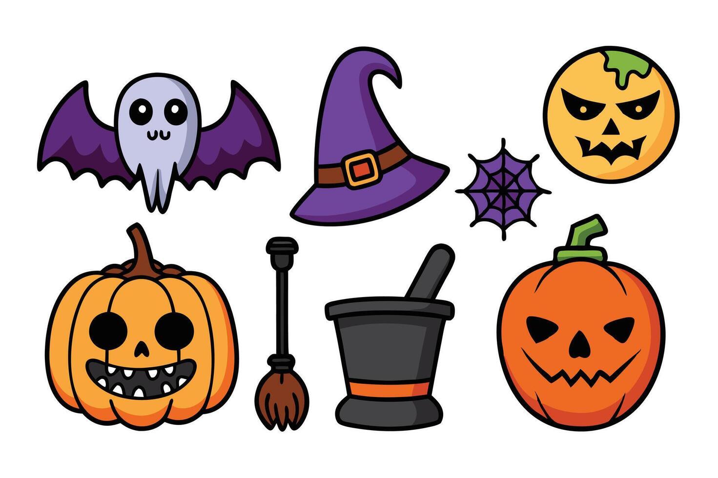 Halloween themed icons featuring ghosts, pumpkins, and witch hats vector