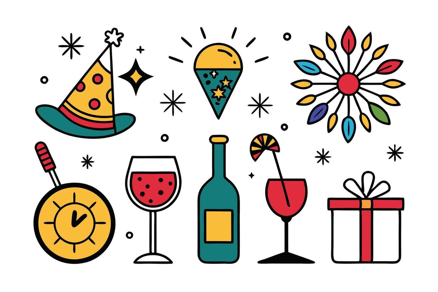 Various New Year's Eve elements in colorful minimal design vector