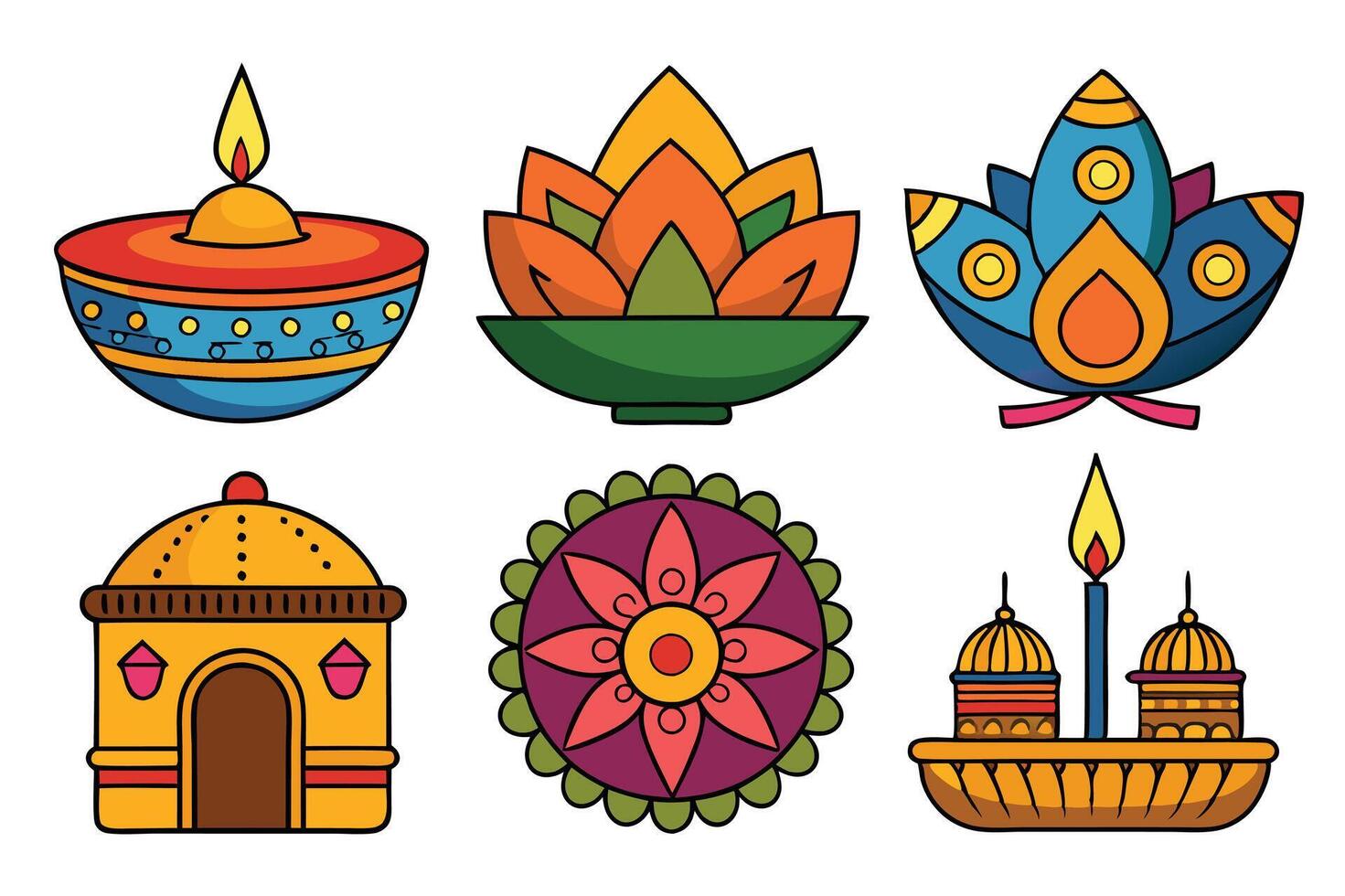 Colorful Diwali decorations featuring traditional designs and symbols vector
