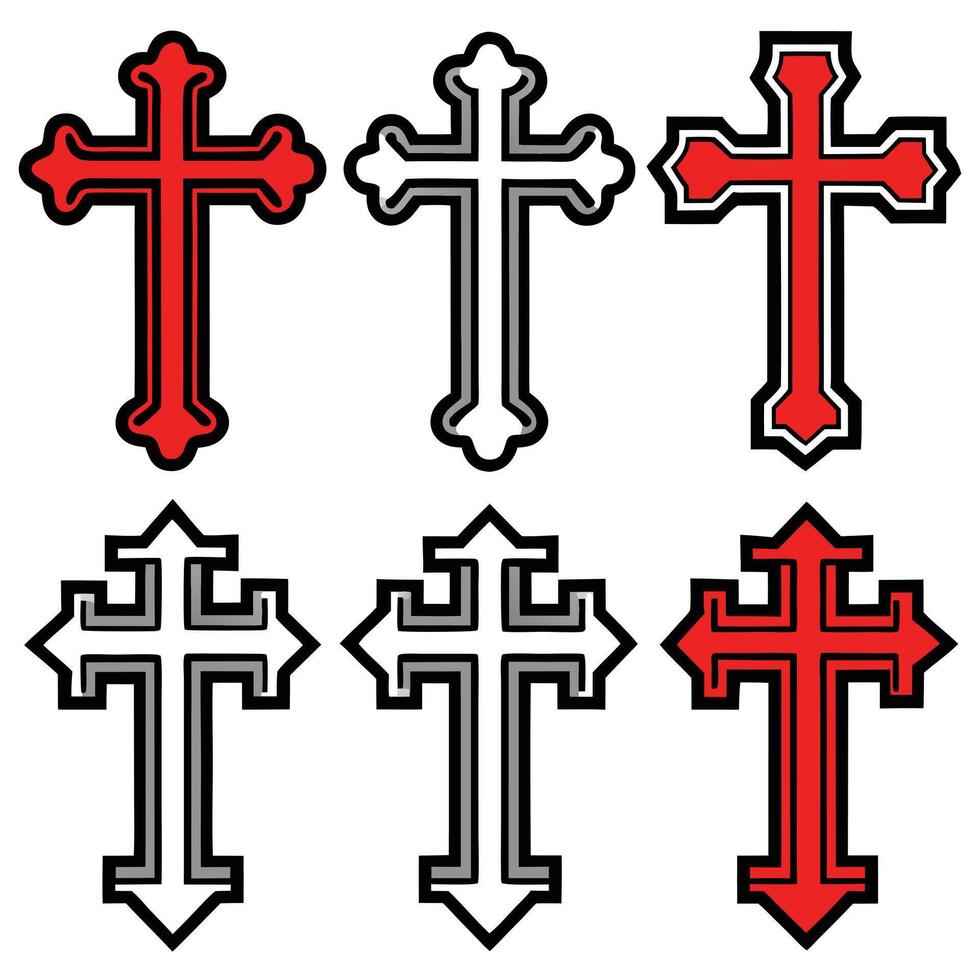 Six different Christian crosses displayed with clear black outlines vector