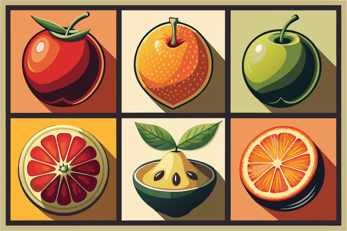 Colorful collection of various fruits with black outline design vector