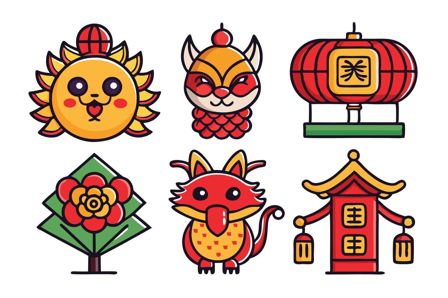 Chinese New Year icons with traditional symbols and colors vector