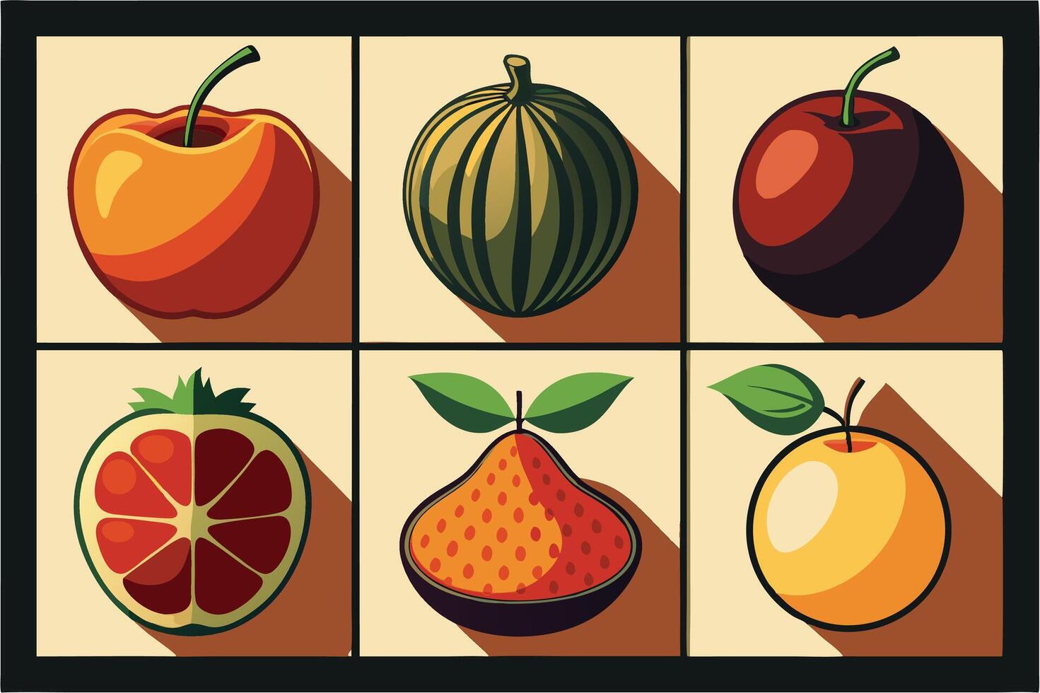 Vibrant fruit illustrations with bold outlines and rich colors vector
