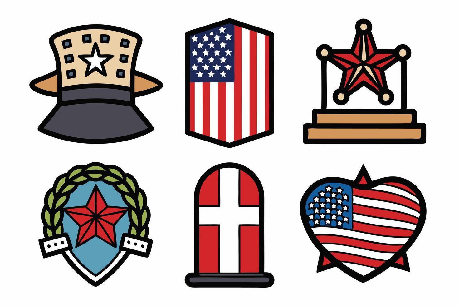 Memorial Day themed icons with black outlines and vibrant colors vector