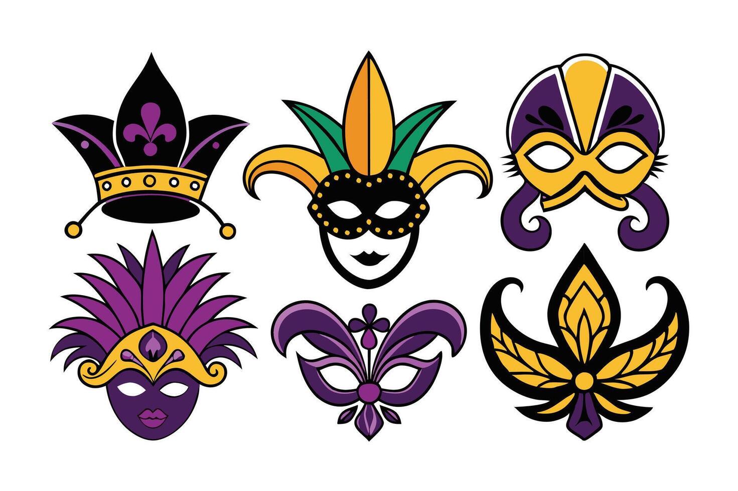 Vibrant Mardi Gras mask designs featuring classic motifs vector