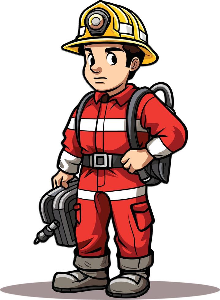 Young firefighter ready for action in bright protective gear vector