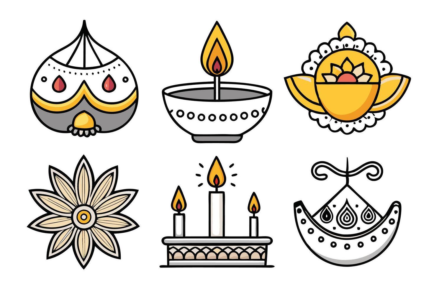 Diwali celebration symbols with black outline design elements vector