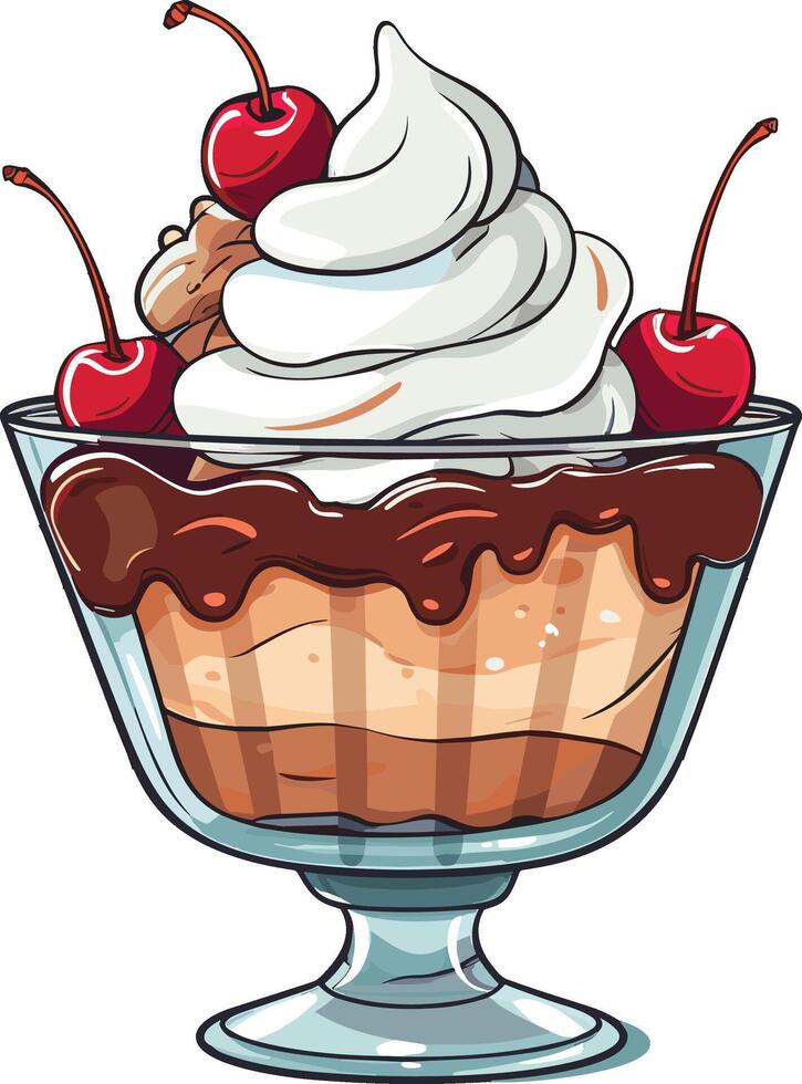 Delicious sundae topped with whipped cream and cherries vector