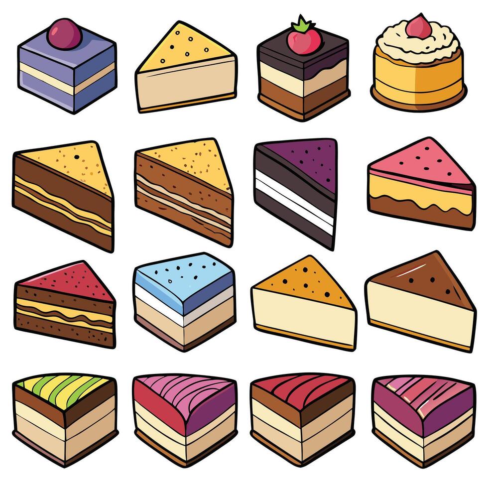 Delicious assortment of slice cakes with colorful designs vector