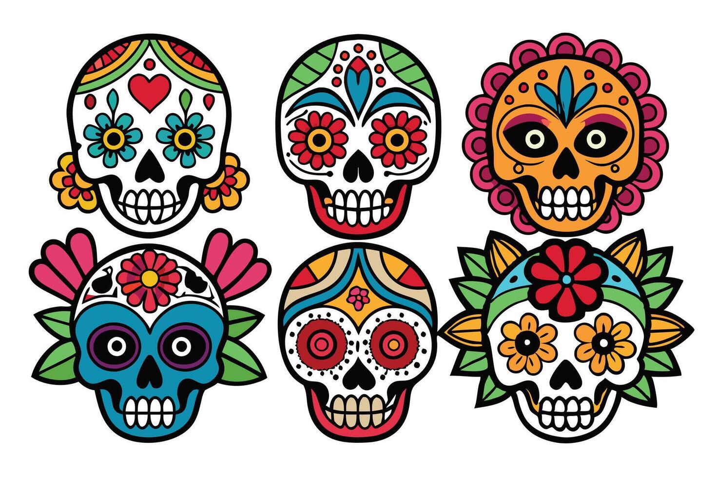 Colorful Day of the Dead Skulls with Floral Designs and Patterns vector