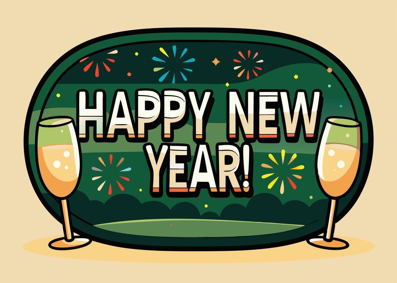 Celebrate New Year with champagne glasses and colorful fireworks vector