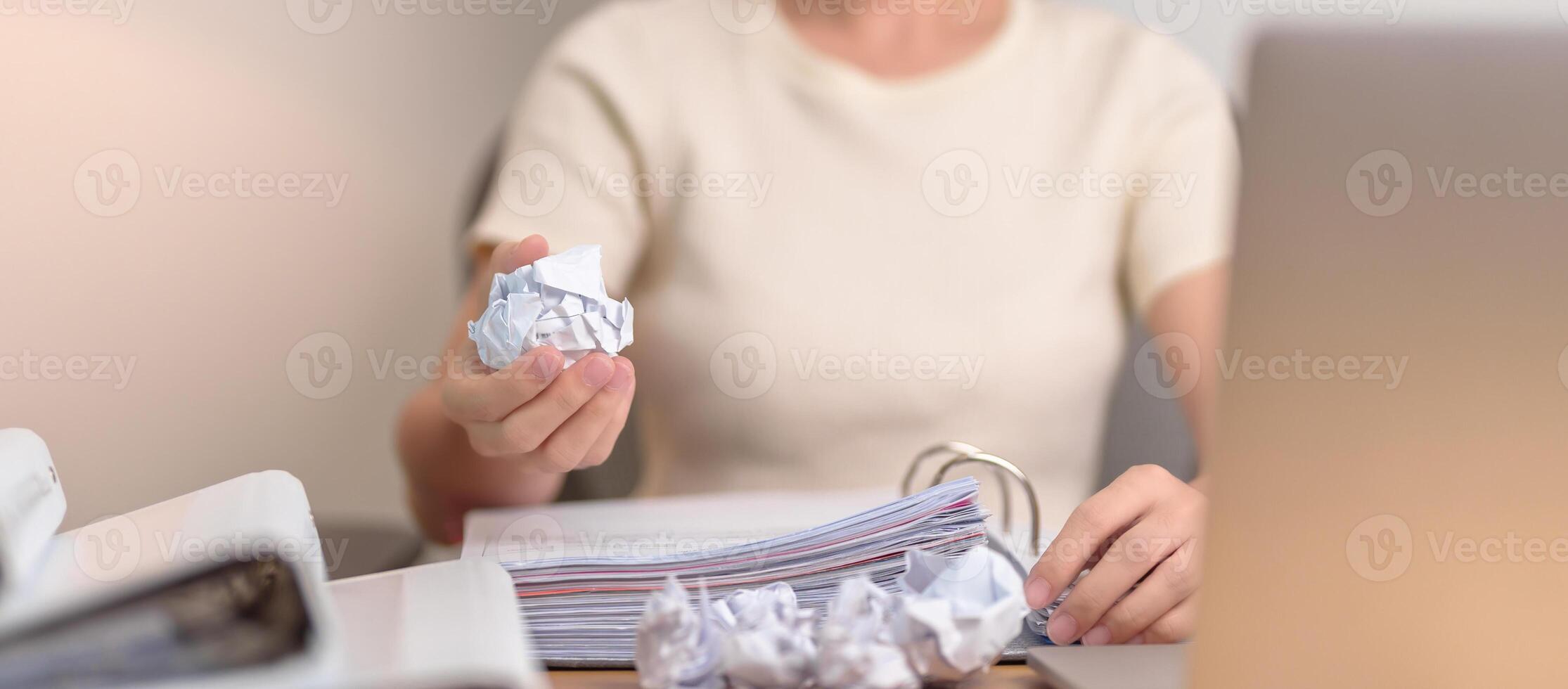 stressed Asian Woman using laptop with mistake paper, Tired female businesswoman working overload at office, Exhausted casual woman with computer at late night in home. Failure, Problem and business photo