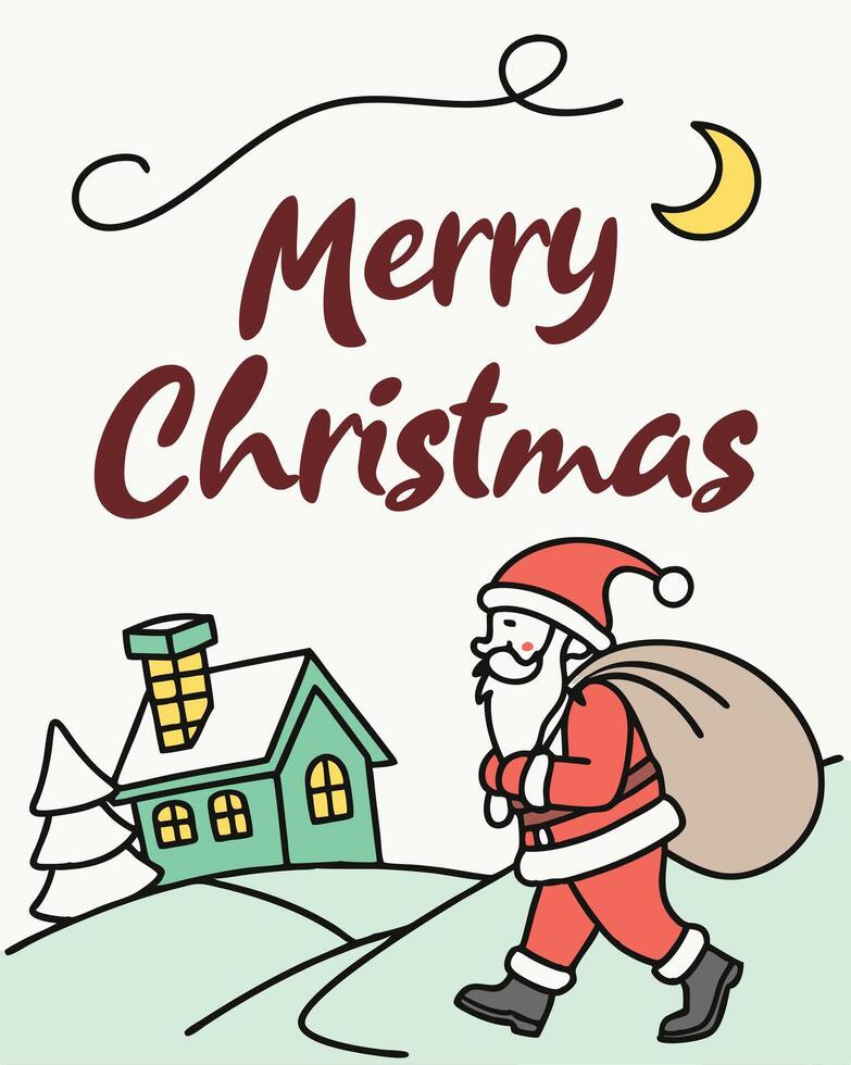 Santa Claus carrying gifts near a cozy home during Christmas night vector