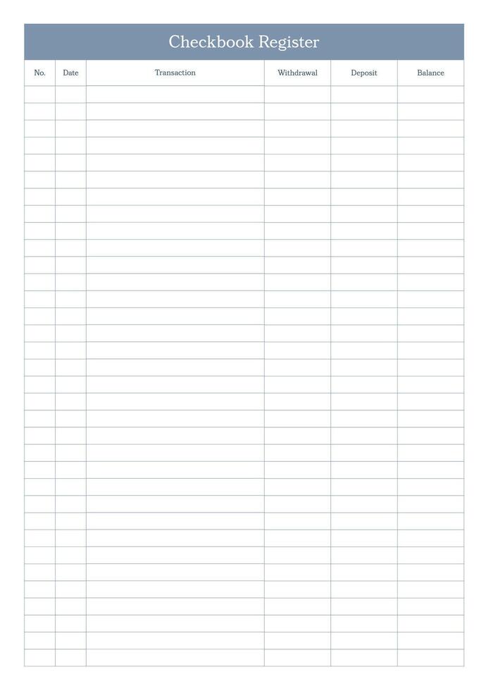 Simple, clean, and basic checkbook register layout designed for tracking financial transactions with clarity and precision. Minimalistic and functional planner. Simplicity and usability for financial. vector