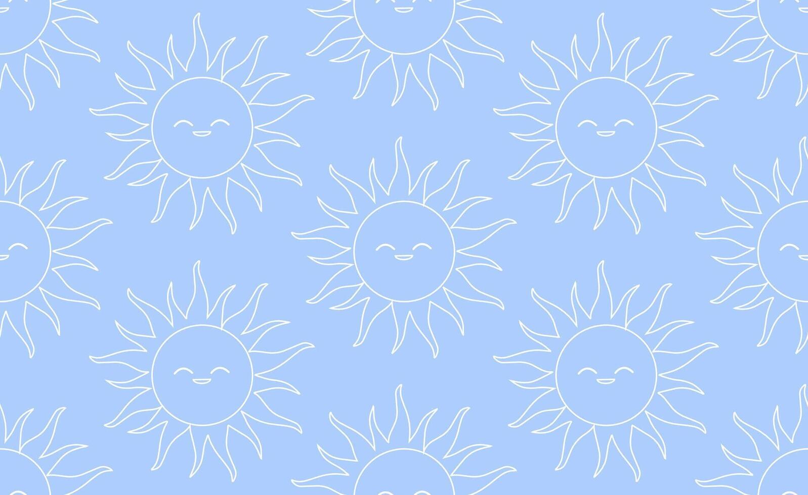 Seamless pattern of thin lineart of bright smiling suns with simple cartoon-like rays. Soft and cheerful atmosphere, playful design. Vibrant, whimsical, joyful and uplifting children motifs. vector