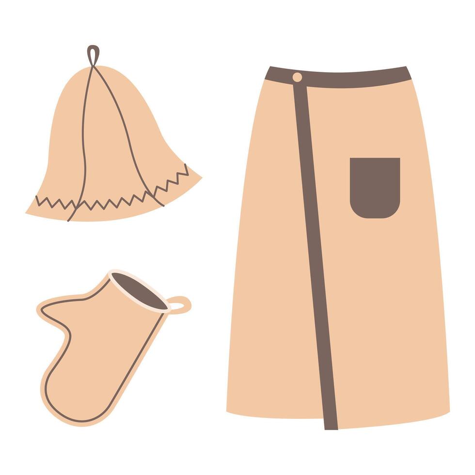 Complete sauna and bath set. Hat, mittens, and kilt. illustrations. vector