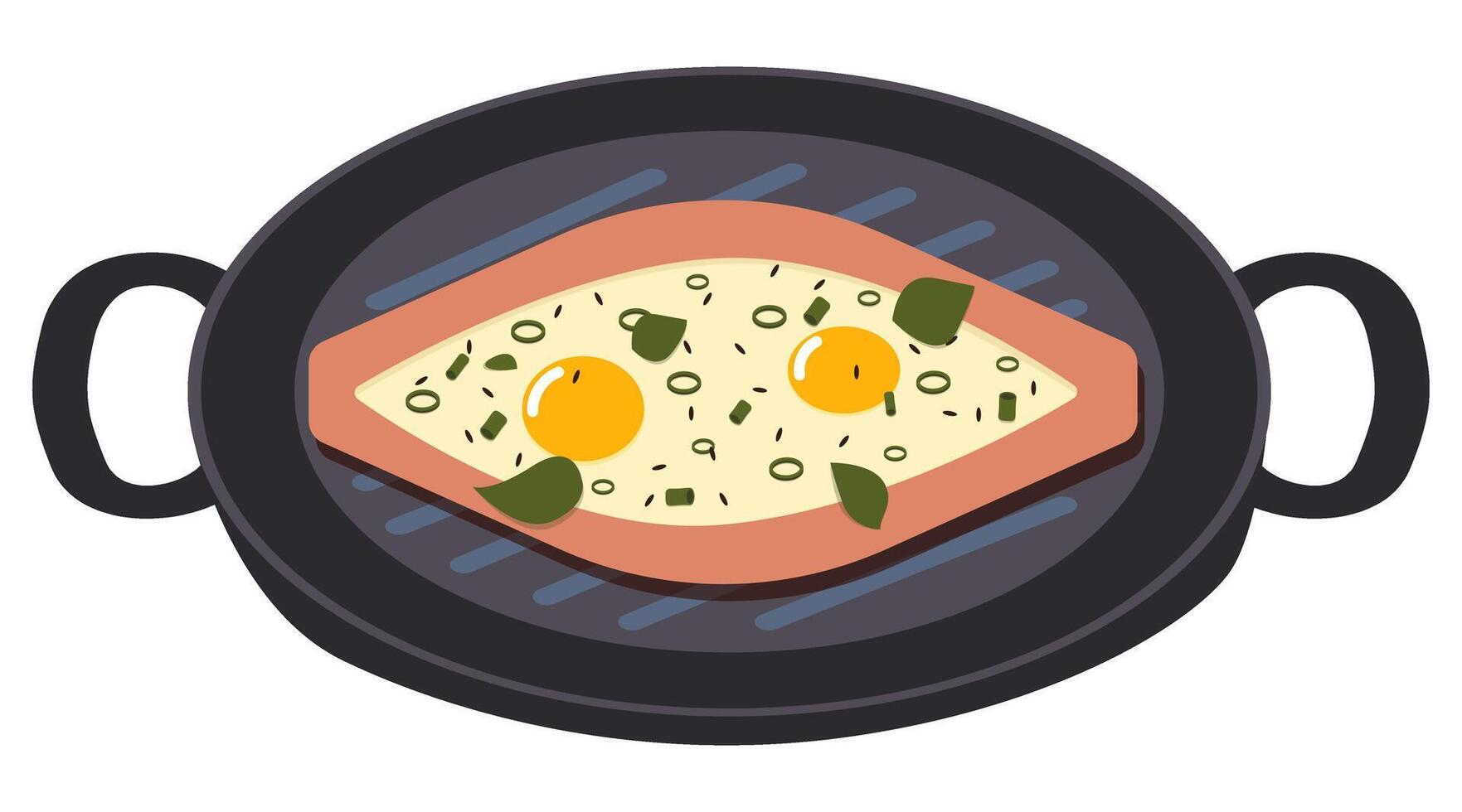 fried eggs with greens in a frying pan element of food for breakfast vector
