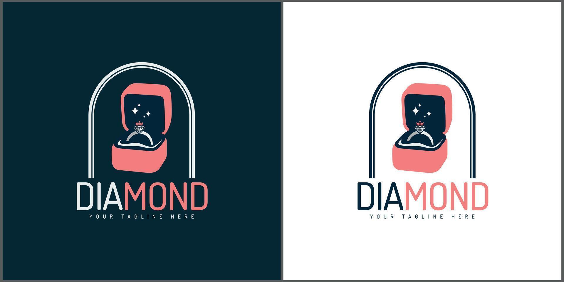 Diamond ring box crown king queen luxury mosaic gemstone logo set template design vector