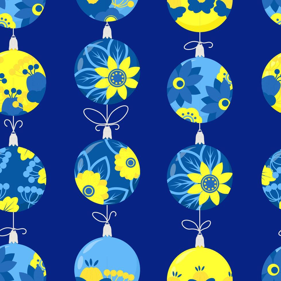 Seamless pattern of yellow and blue Christmas balls in Ukrainian style on a dark blue background vector