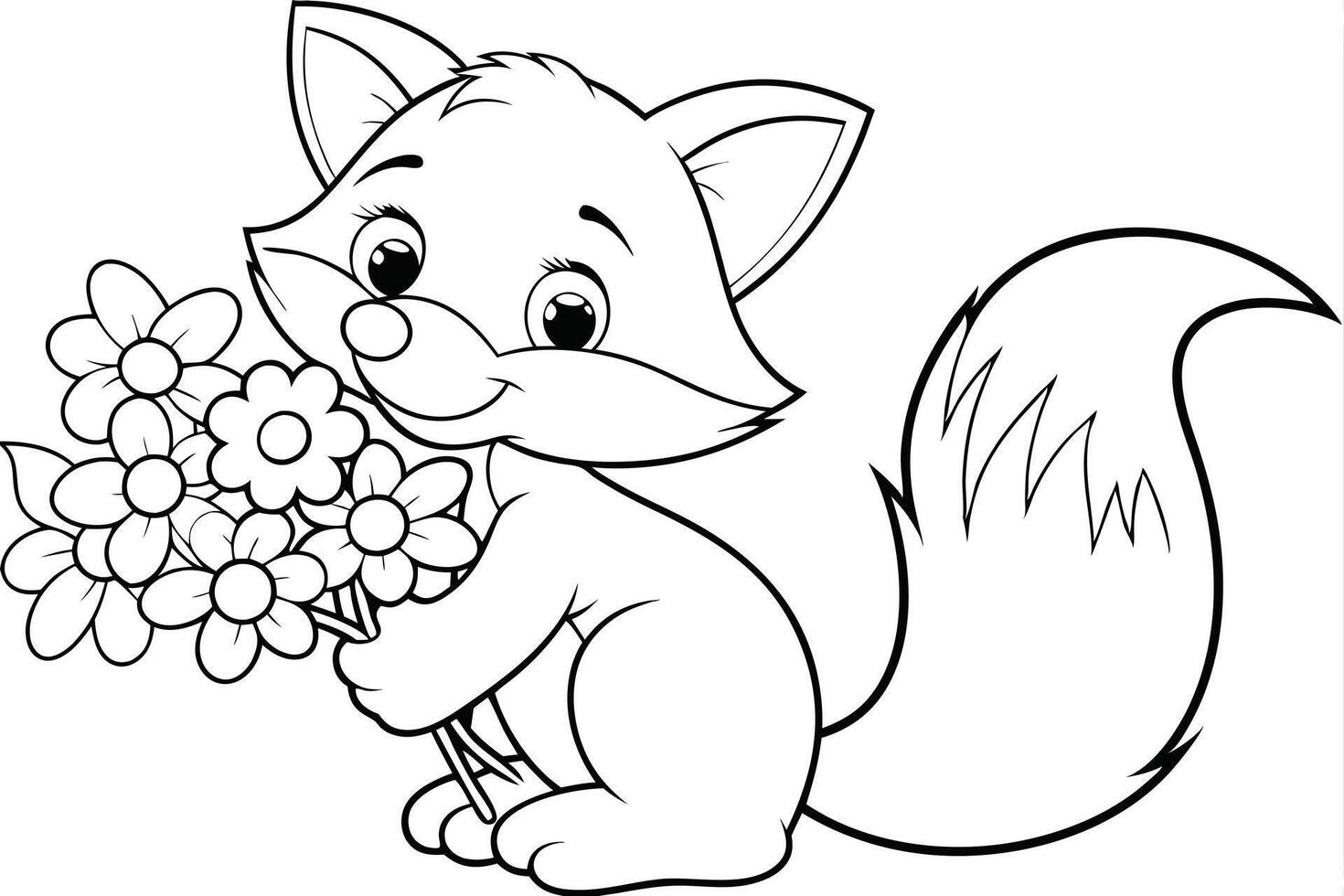 Adorable Fox Cub Holding Bouquet of Spring Flowers vector