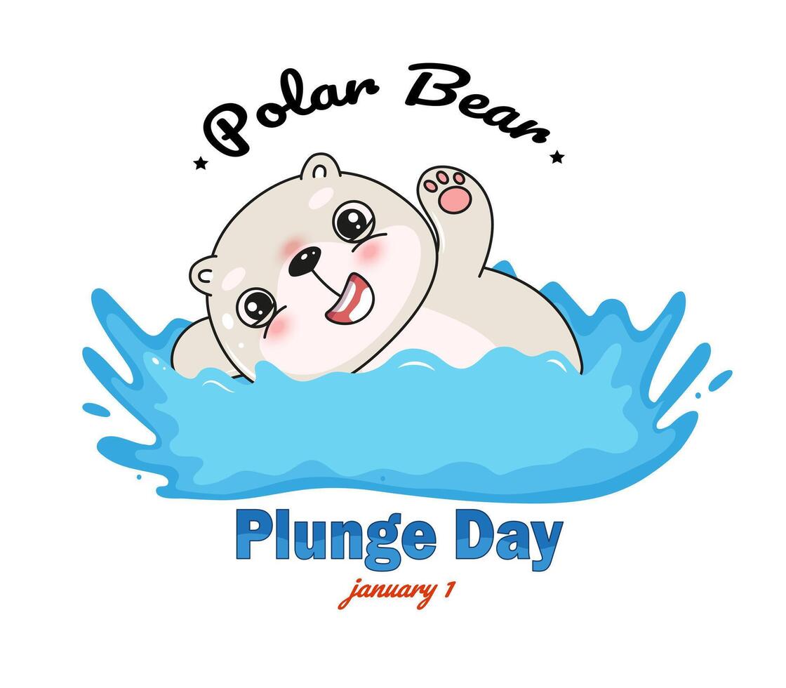 Polar bear plunge day banner, greeting card with cute cartoon white kawaii bear vector