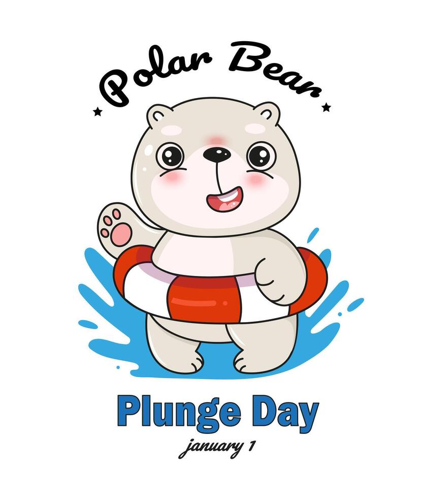Polar bear plunge day banner, greeting card with cute cartoon white kawaii bear vector