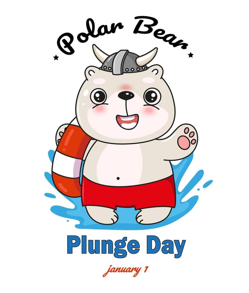Polar bear plunge day banner, greeting card with cute cartoon white kawaii bear in red shorts vector