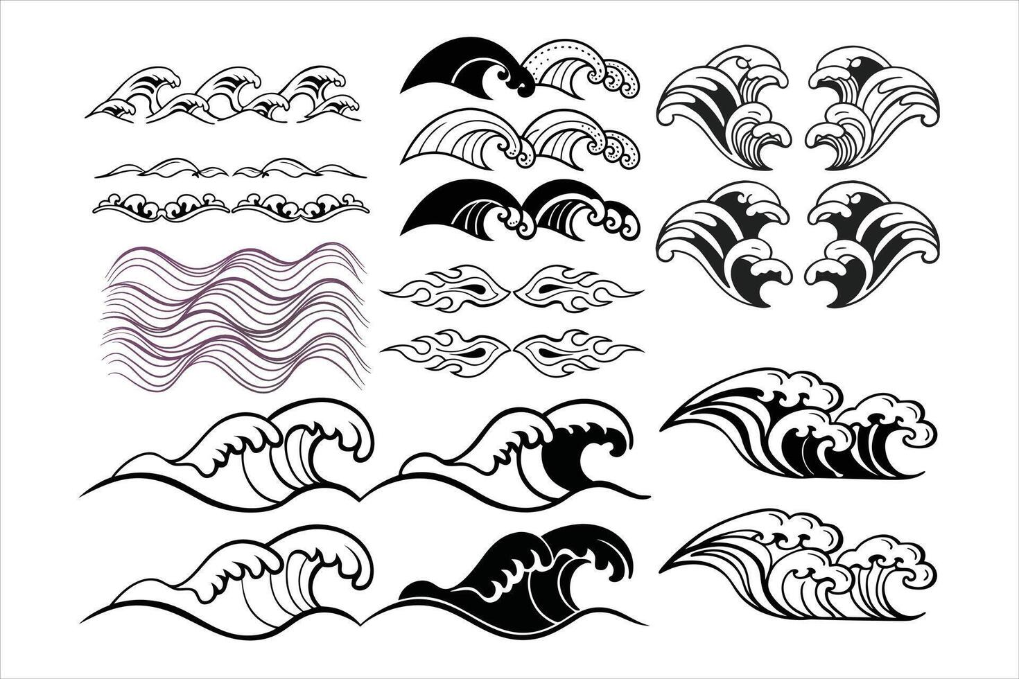 A set of black and white waves and waves vector