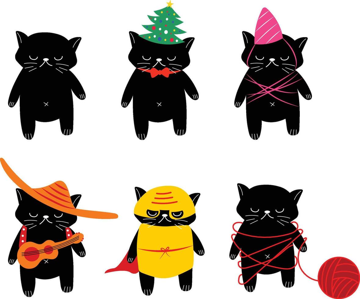 Set of cute black cats vector