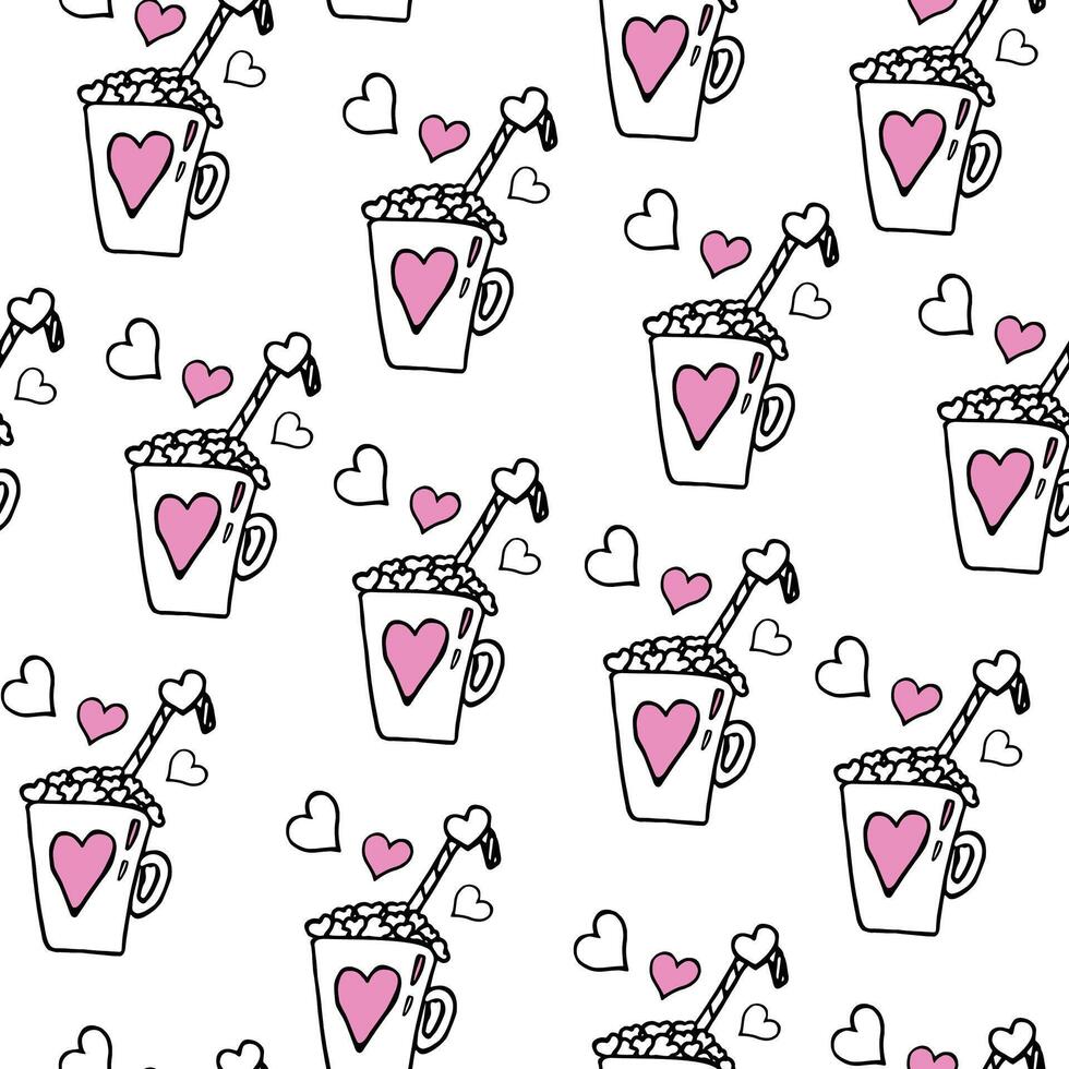 Seamless pattern with mugs of hot drink with hearts, marshmallows and straw in doodle style vector