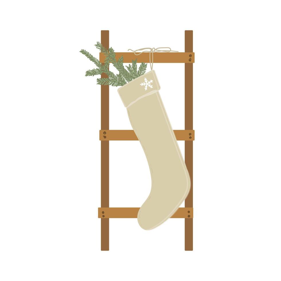 Rustic holiday stocking with greenery hanging on a wooden ladder. A cozy and minimalist Christmas vibe. vector