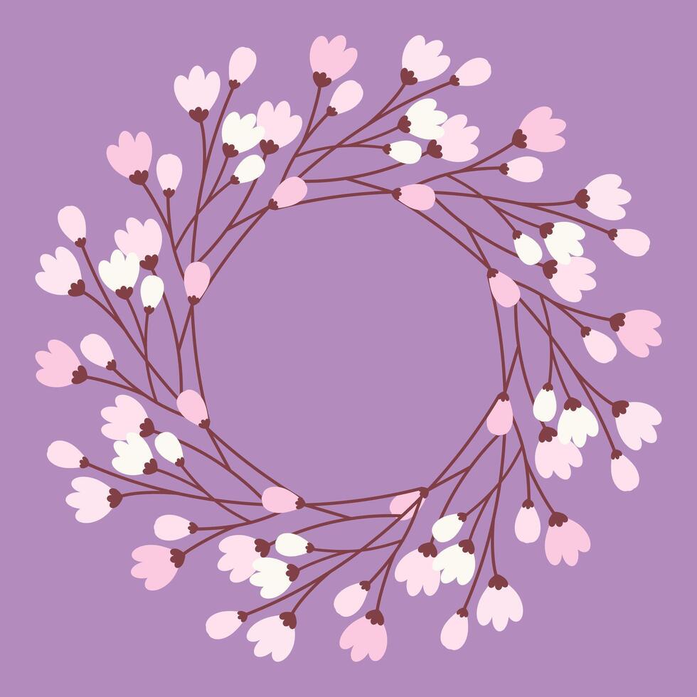 Blooming sprig Circle Frame border in trendy shades Spring Copy space template on lavender backdrop. Isolate illustration Thematic cards, posting, blog or web promo leaflet, banner, tag, label vector