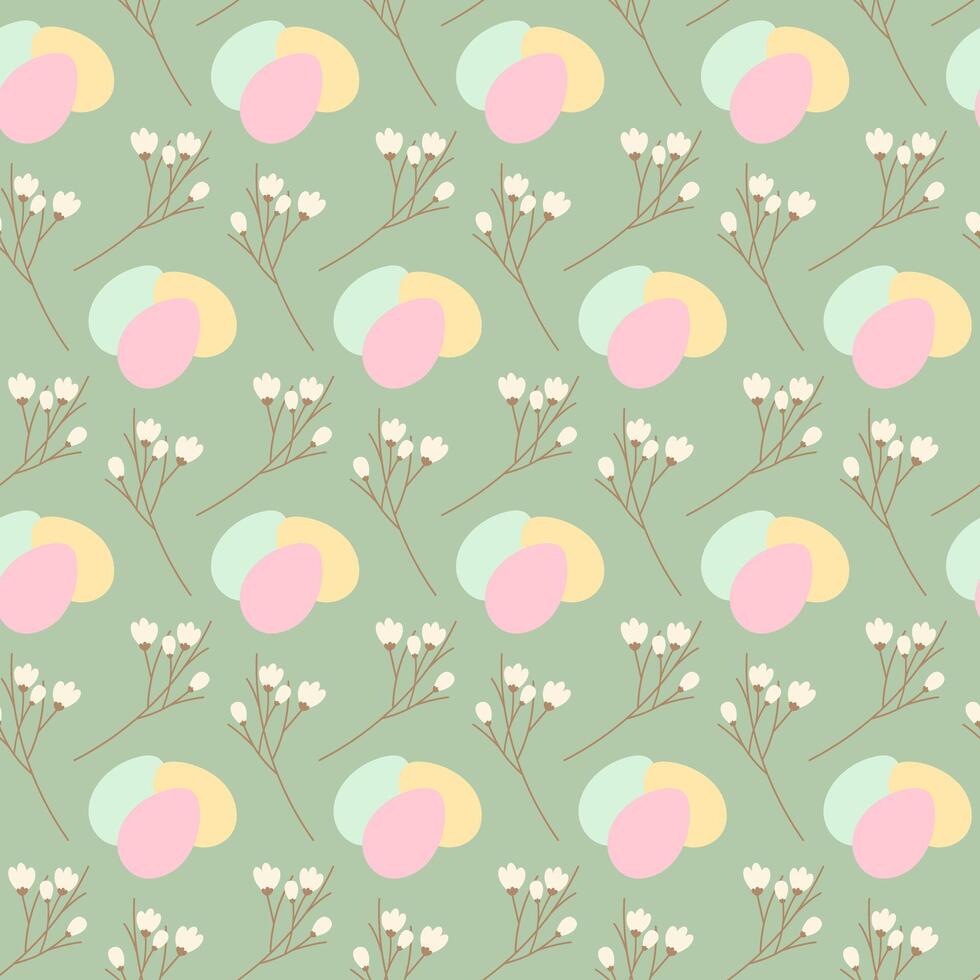 Easter Eggs and blossom twigs Seamless Pattern in trendy soft shades. Easter Festive background idea. Isolated illustration Wallpaper, wrapping or web promo banner, Thematic card, posting, blog vector